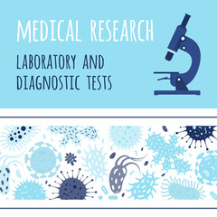 Banner design with microscope and germs