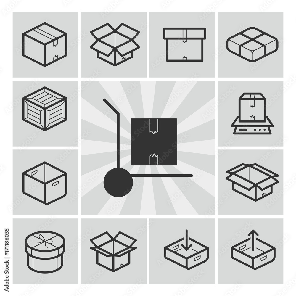 Poster package icons vector set with boxes, crates, containers