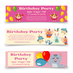 Birthday party horizontal banners template with cute cartoon animals