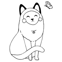 Siamese cat - vector hand drawn illustration. Cute kawaii kitty outlines sketch