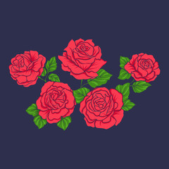 Embroidery with red roses on bllu jiens background