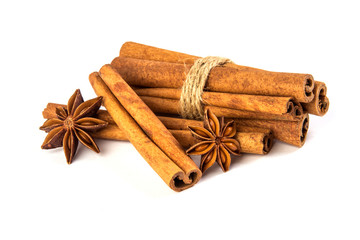 Close up the brown cinnamon stick with star anise spice isolated on white background