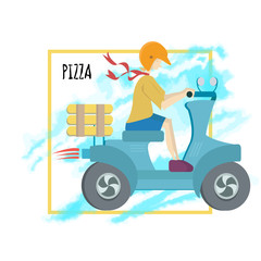 Naklejka premium Pizza delivery. A young man rides a scooter. Template of advertising poster or flyers. Vector illustration, isolated on white background