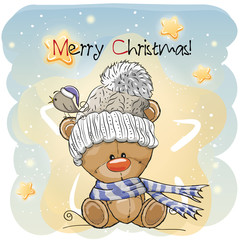 Naklejka premium Greeting Christmas card with Teddy Bear