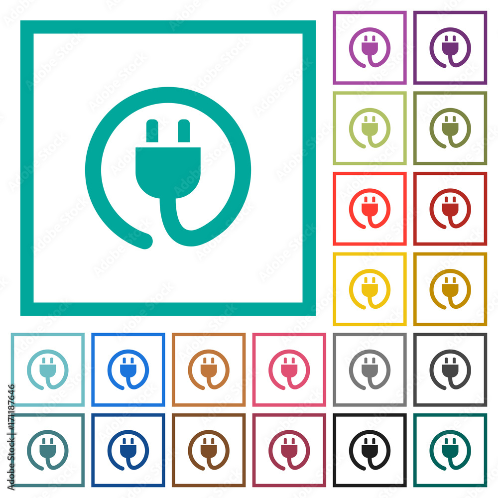 Poster rolled power cord flat color icons with quadrant frames
