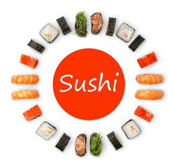 Set of sushi, maki and rolls isolated on white background © Prostock-studio