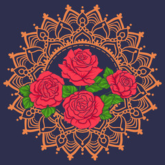 Embroidery with red roses on bllu jiens background
