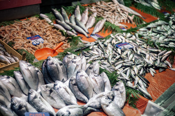 Karakoy Fish market in Istanbul. Outdoor fish market on asian side,Near the Galata bridge.