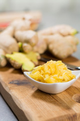 Ceramic bowl of delicious fresh pickled sushi ginger.