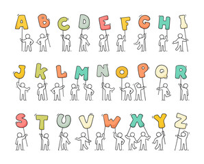 Cartoon icons set of sketch little people with letters. - obrazy, fototapety, plakaty