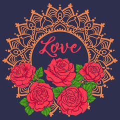 Embroidery with red roses on bllu jiens background