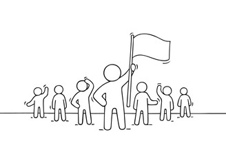 Sketch of working little people and leader with flag.