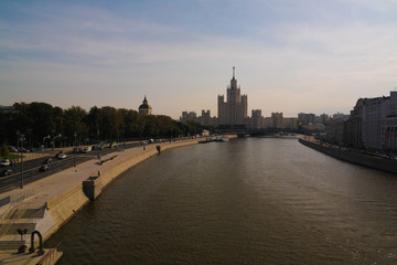View to Moscow river from the pedestrian bridge of modern park Zaryadye, Moscow, Russia