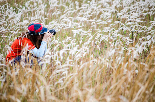 Female photographers are photographing flowers.