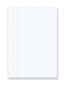Notepad with squared pages for maths, margin for corrections, spiral binding, high size format. Isolated 3d vector illustration on white background.