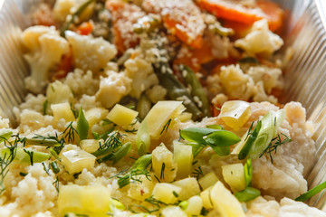 Healthy food in foil boxes, diet concept.