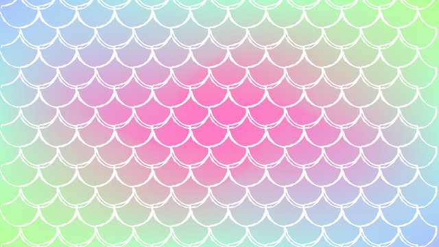 Mermaid tale on trendy gradient background. Horizontal backdrop with mermaid tale ornament. Bright color transitions. Fish scale banner and invitation. Underwater sea pattern. Rainbow colors.