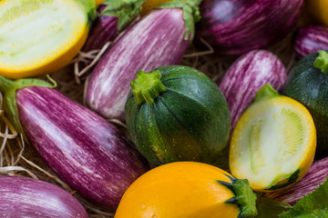 Fresh organic vegetables background, wallpaper - round courgette, small eggplants, diet concept, Italian and French food, healthy food.