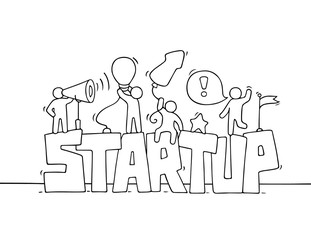 Fototapeta na wymiar Cartoon working little people with word Startup.
