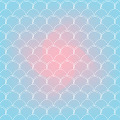Fish skin on trendy gradient background. Square backdrop with fish skin ornament. Bright color transitions. Mermaid tail banner and invitation. Underwater and sea pattern. Blue, rose, pink colors.