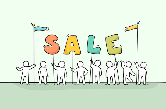 Sketch of working little people with word sale.