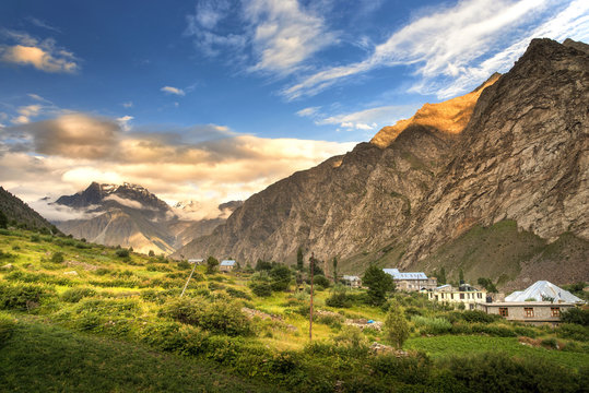 Jispa, Landscape view of Jispa town, Lahaul valley, Himachal Pradesh, India.