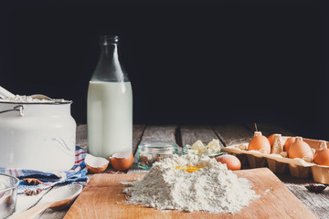 Ingredients for making dough - flour, milk, eggs