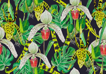 Pattern leaves of monsters and orchids. Background - black