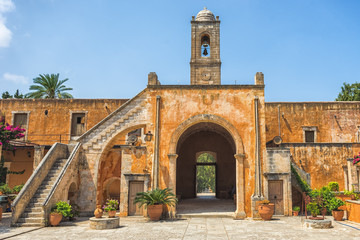 Chania, Greece - August, 2017: Monastery of Agia Triada Tzagaroli in Chania region on Crete island,...