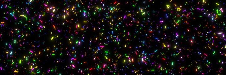 glitter background - flying colourful shiny glitter confetti stripes lit by bright spotlights with depth of field effect (banner format 3x1)