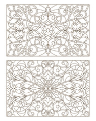Set contour illustrations of stained glass with abstract swirls and flowers , horizontal orientation