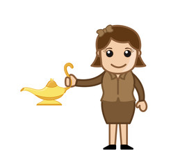 Happy Cartoon Girl Holding a Magic Lamp