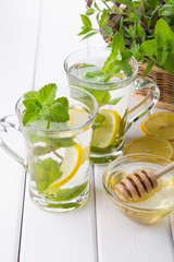 Mint tea with lemon and honey, basket with fresh mint