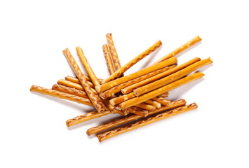 Salty cracker pretzel sticks isolated on white background