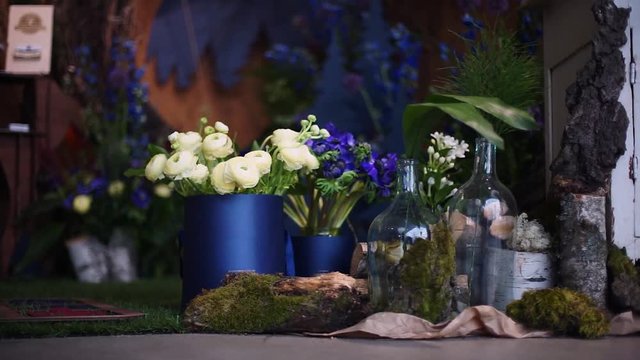 White flowers in a hat box.