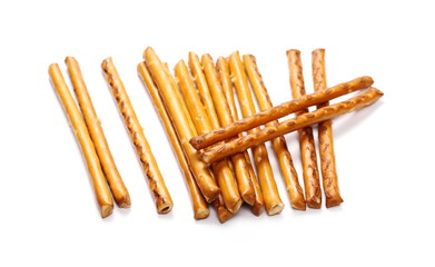 Salty cracker pretzel sticks isolated on white background