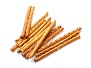 Salty cracker pretzel sticks isolated on white background