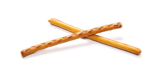 Salty cracker pretzel sticks isolated on white background