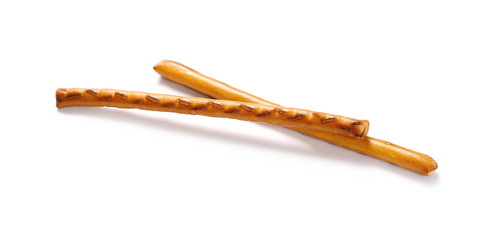 Salty cracker pretzel sticks isolated on white background