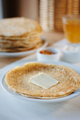 Russian pancakes - vegetarian dish at national restaurant.