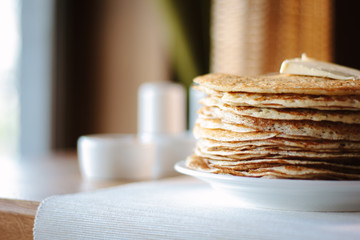 Stack or pile of pancakes at russian restaurant.