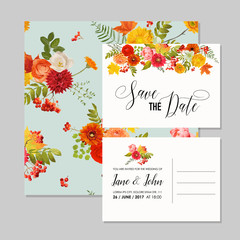 Floral Wedding Invitation Card Template Set with Autumn Flowers, Leaves and Rowanberry. Baby Shower Decoration in vector