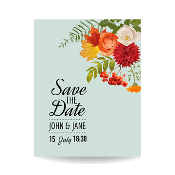 Floral Wedding Invitation Card Template with Autumn Flowers, Leaves and Rowanberry. Baby Shower Decoration in vector