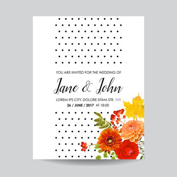 Floral Wedding Invitation Card Template with Autumn Flowers, Leaves and Rowanberry. Baby Shower Decoration in vector