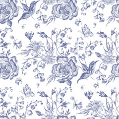 Embroidery floral seamless pattern with roses and chamomiles. Vector embroidered blue flowers for wearing design.