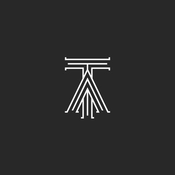 Medieval monogram TA Logo, linked initials T and A capital letters intersection thin lines stylish design element, wedding invitation or business card AT black and white emblem mockup