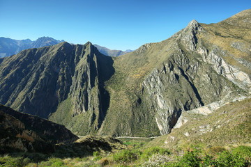 Fototapeta na wymiar Sheer mountains in the way to ancient village of Huaquis, Peru