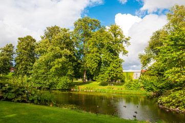 Fototapeta na wymiar Pond in a park in town of Ringsted in Denmark