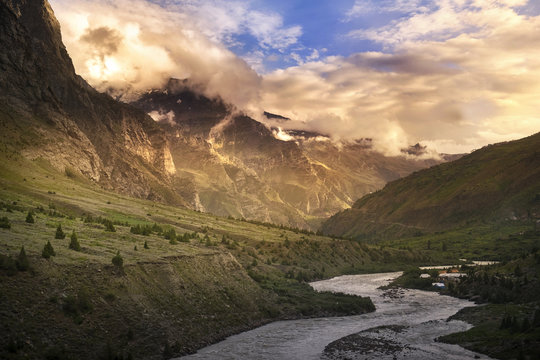 Jispa, Landscape view of Jispa town, Lahaul valley, Himachal Pradesh, India.