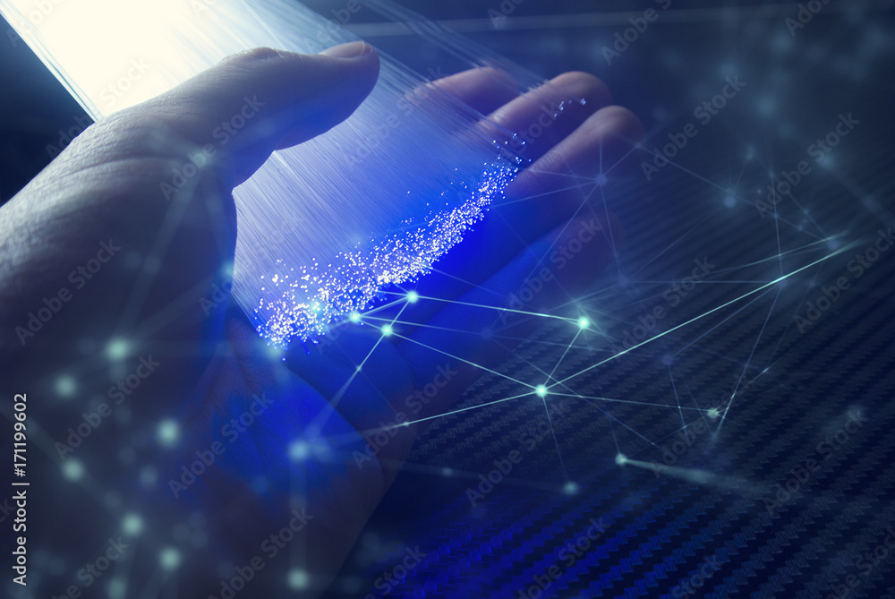 Poster hand pick the network fiber optic with abstract background